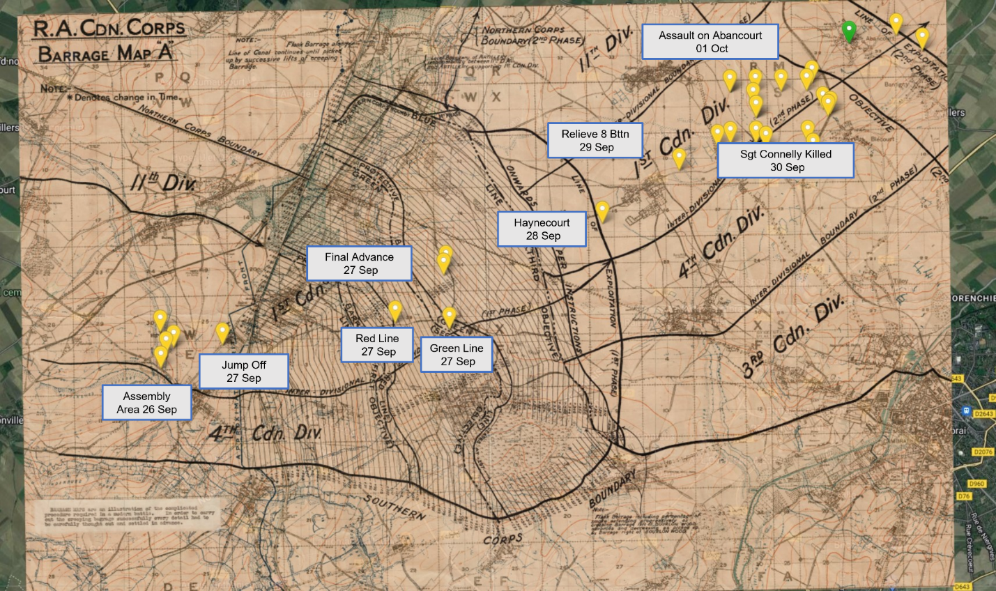 1st Bttn Progress. WFA Map Combined Sailly Trenches corrected to 22/09/1918 1:20000